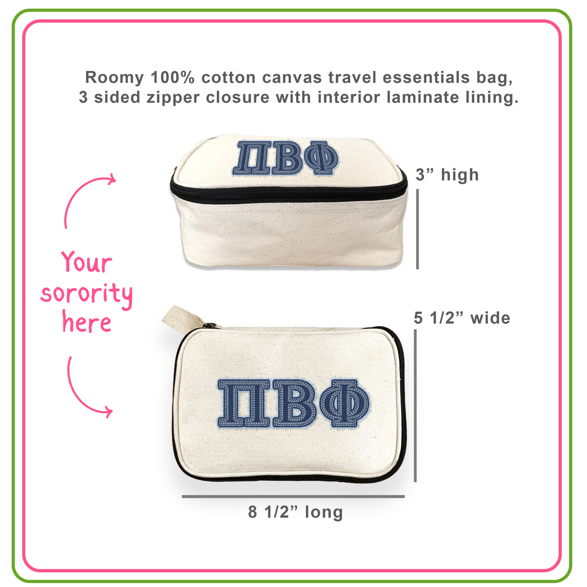 Sorority costmetic make up bag features.