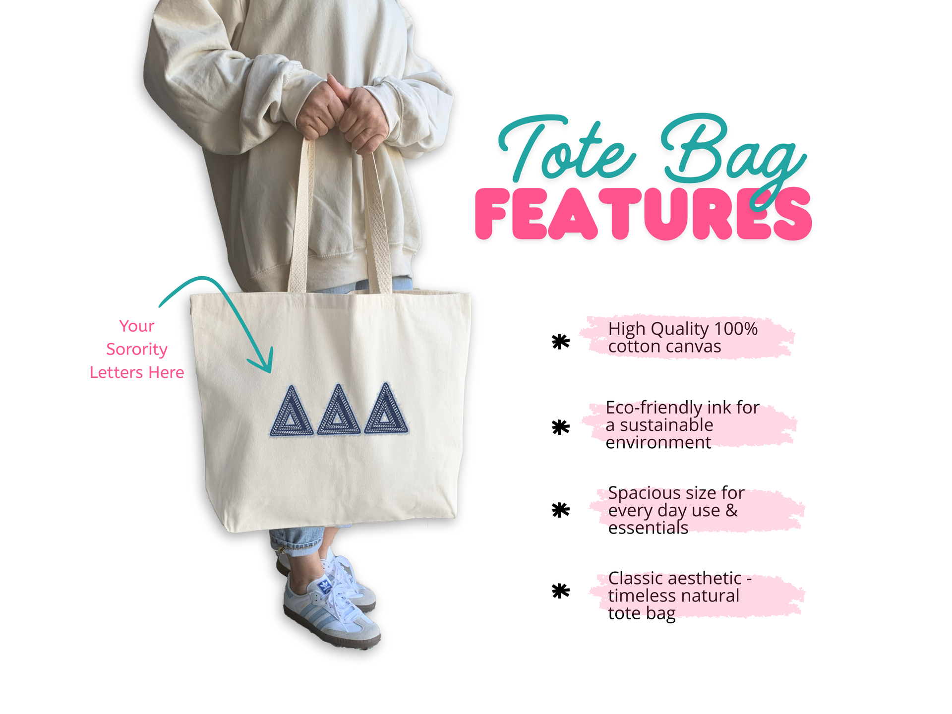 A natural canvas tote bag featuring a sorority name and founding year printed in a stylish script font. Beside the tote, a list of 26 NPC sororities showcases all available options for customization.