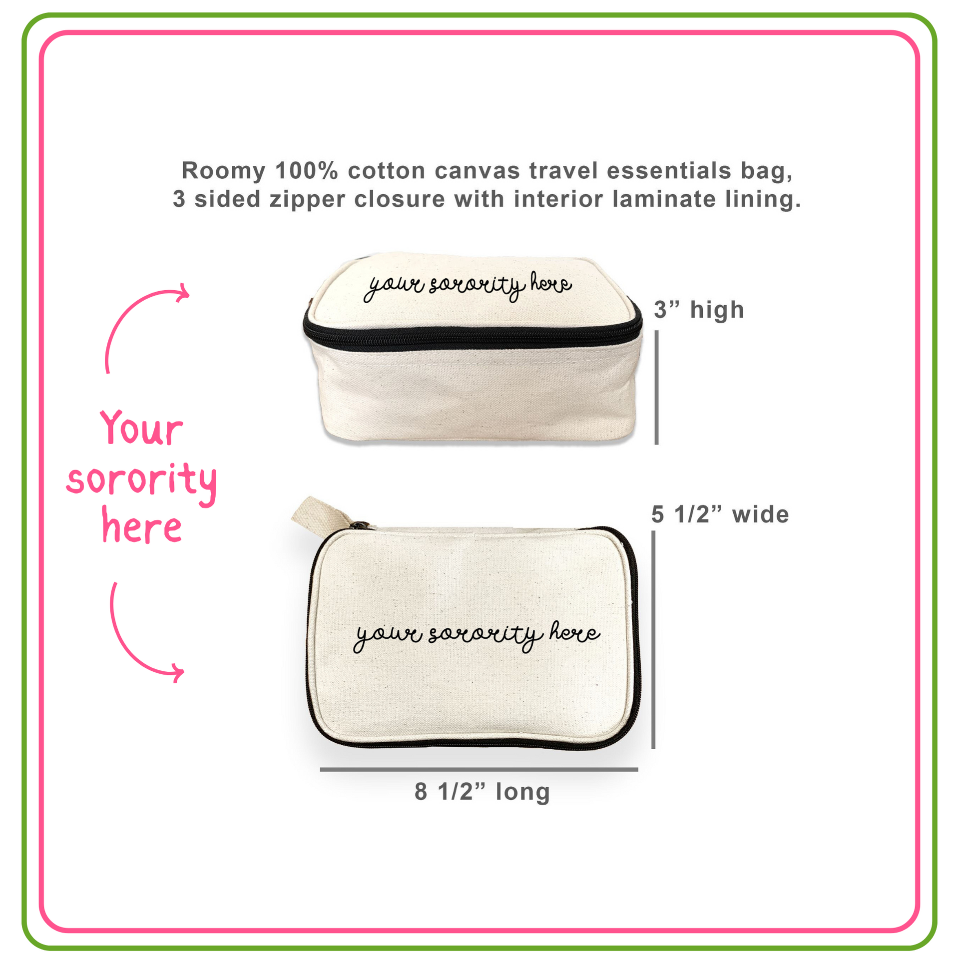 Informational image showing the features and size of the cosmetic bag.