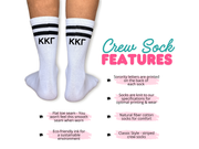 Size chart image of the Greek letter socks with printing on the back.