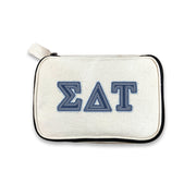 Sigma Delta Tau makeup bag with SDT denim-look Greek letters, shown against a white background.