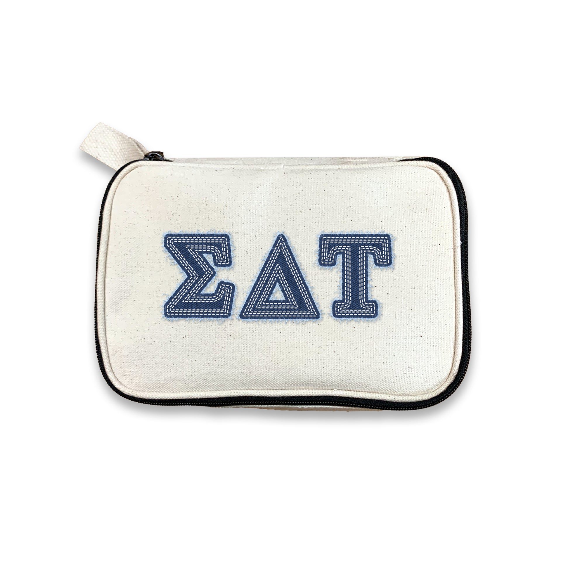 Sigma Delta Tau makeup bag with SDT denim-look Greek letters, shown against a white background.