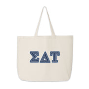 Sigma Delta Tau tote with denim-style Greek letters displayed front-facing.