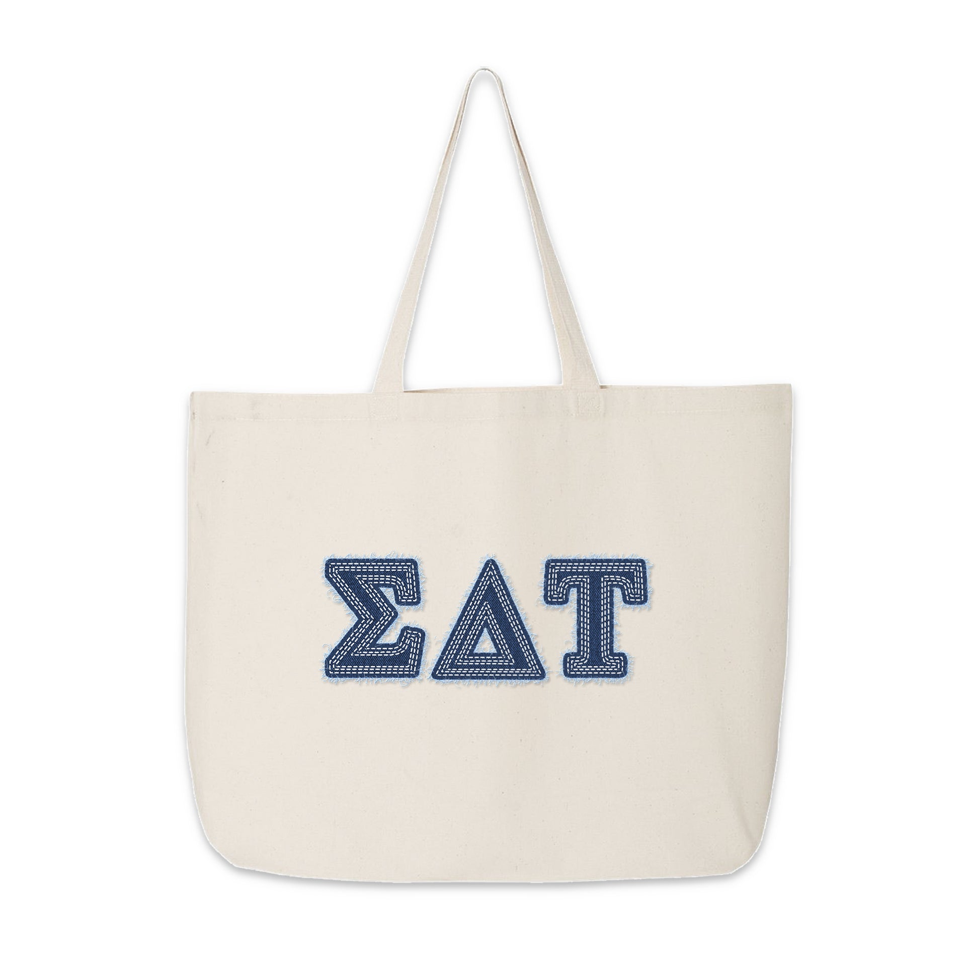 Sigma Delta Tau tote with denim-style Greek letters displayed front-facing.