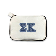 Sigma Kappa canvas pouch with Sigma Kappa Greek letters in a denim-style print, set on white.