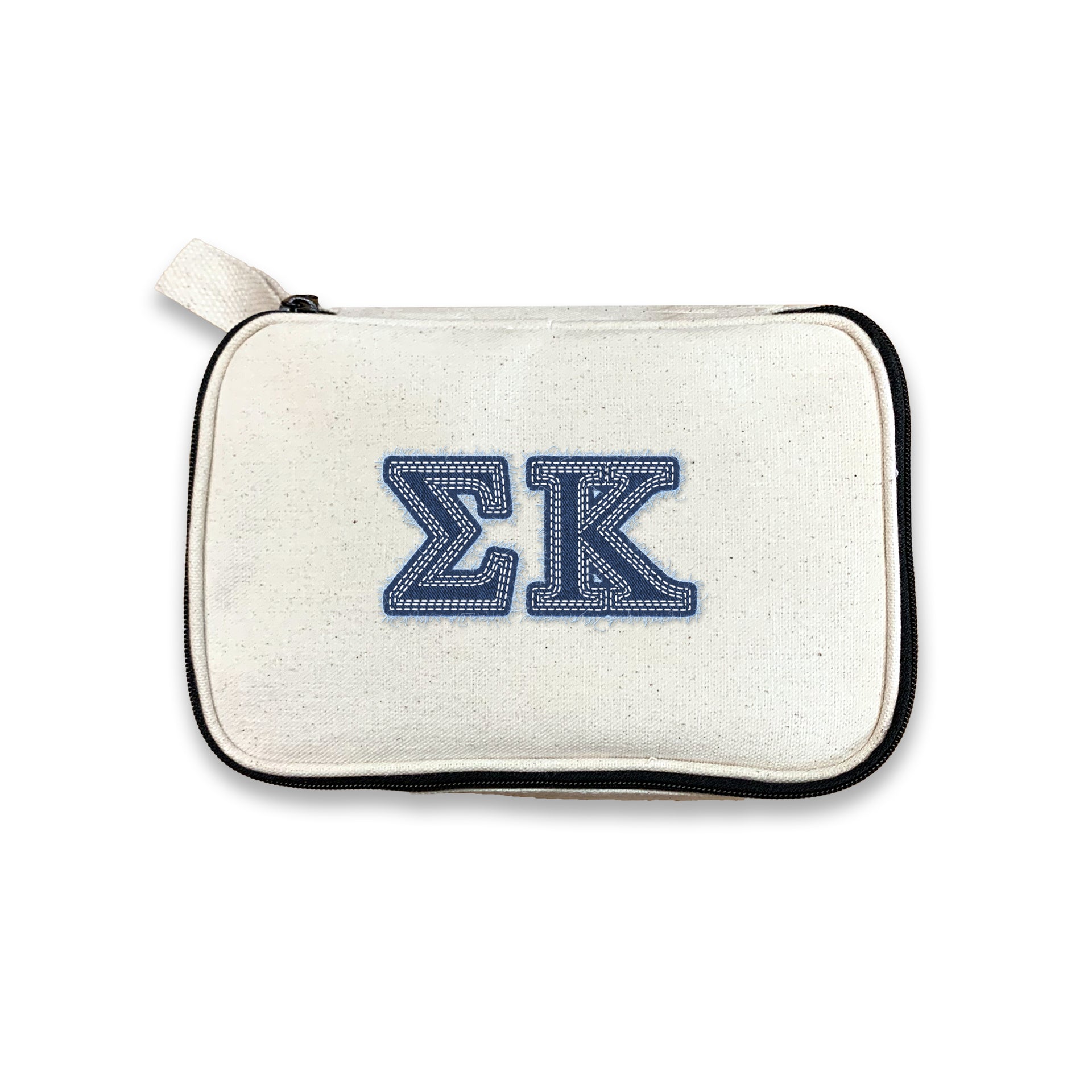 Sigma Kappa canvas pouch with Sigma Kappa Greek letters in a denim-style print, set on white.
