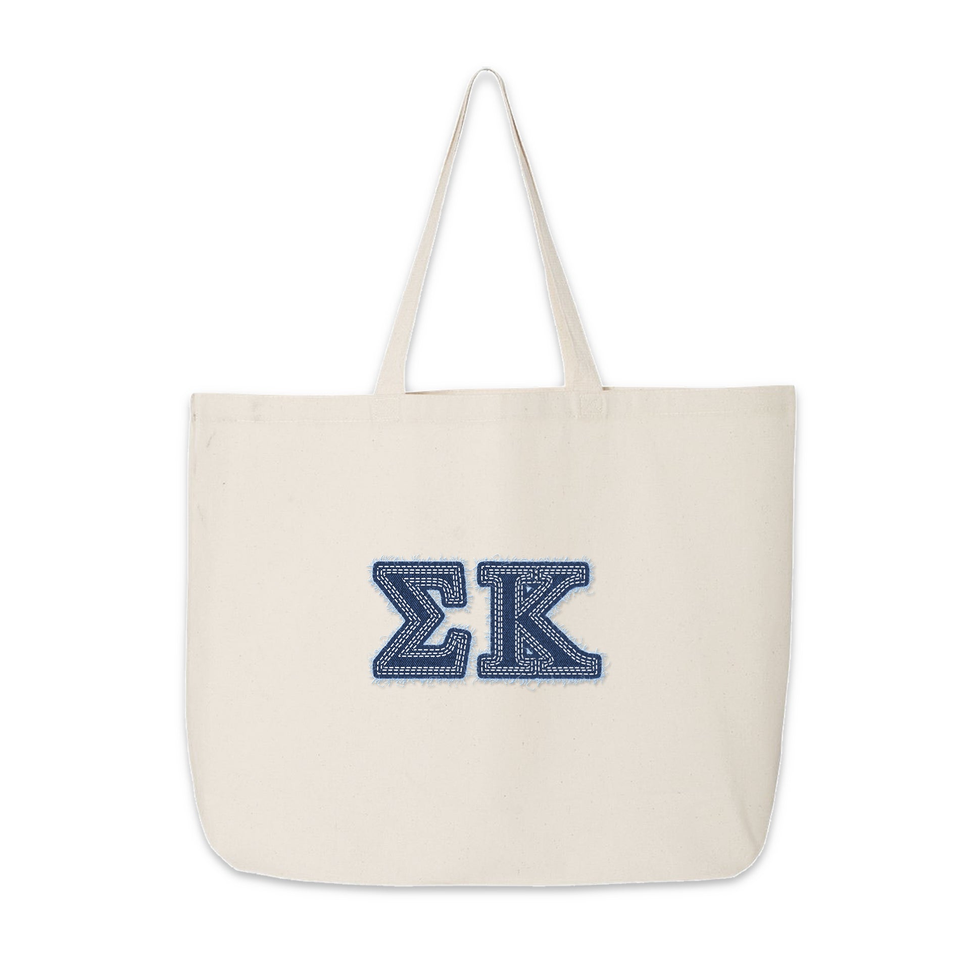 Product photo of the Sigma Kappa tote bag with denim Greek letters.