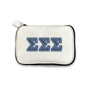 Sigma Sigma Sigma cosmetic bag with Tri Sigma Greek letters in denim-style, photographed on white.