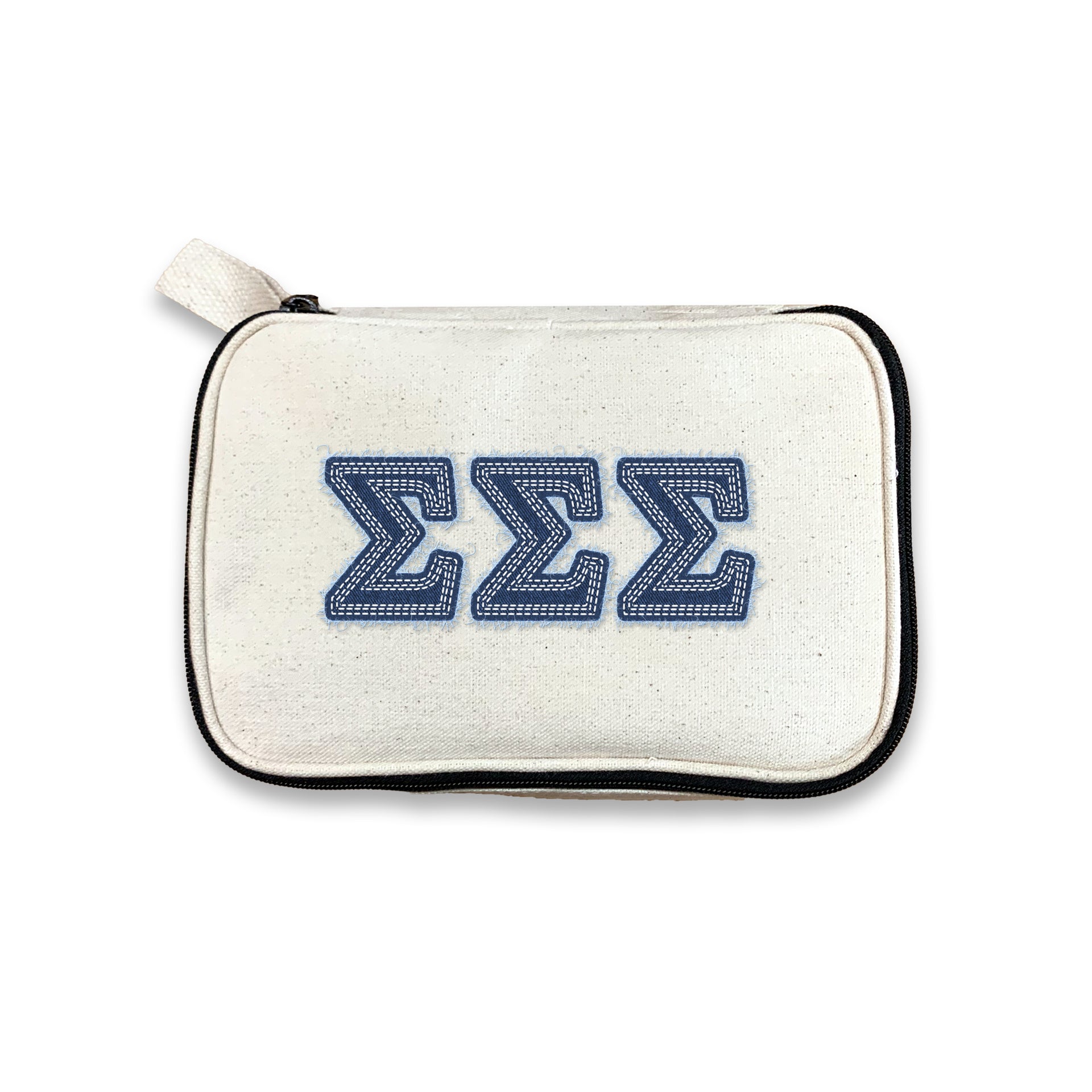 Sigma Sigma Sigma cosmetic bag with Tri Sigma Greek letters in denim-style, photographed on white.