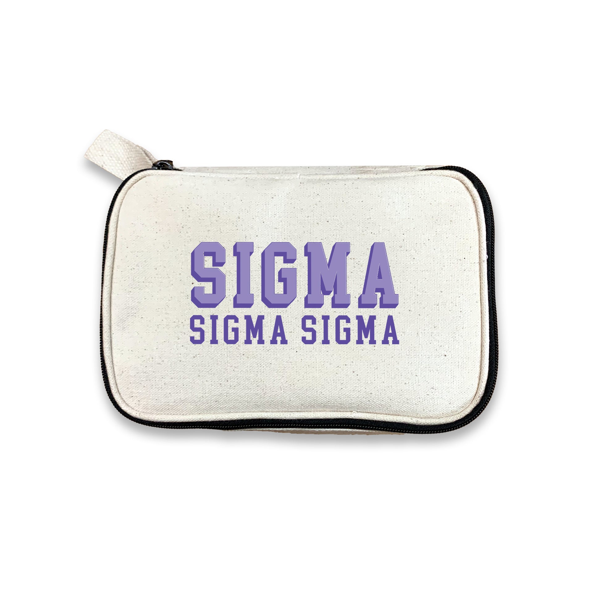 Sigma Sigma Sigma 3D Print Sorority Name Cosmetic Make Up Bag displayed on white background