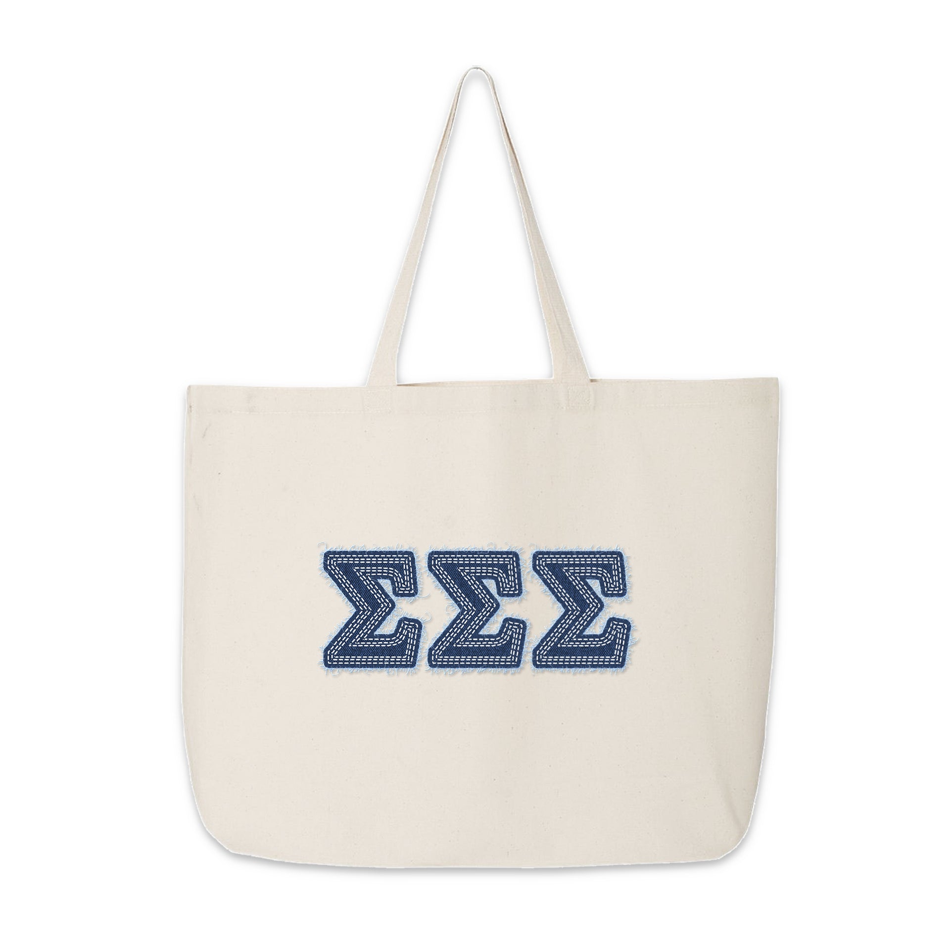 Denim Sigma Sigma Sigma letter tote laid flat for clear product view.