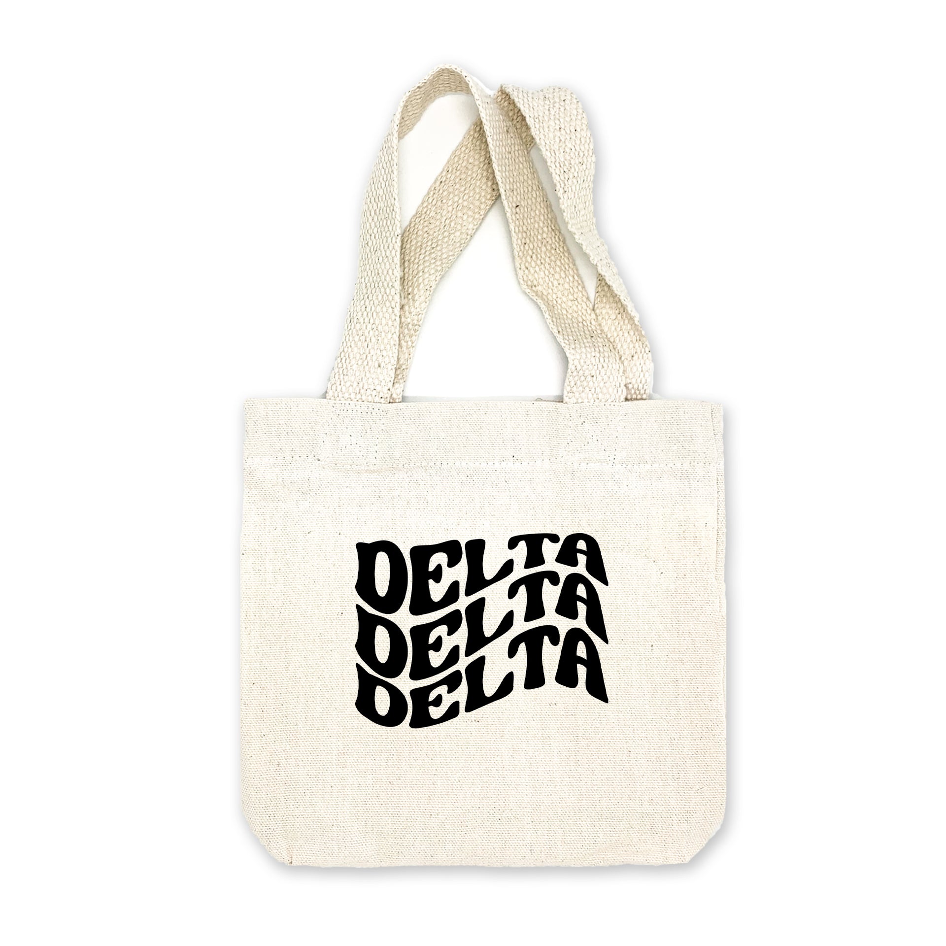 Mini canvas tote bag with a Delta Delta Delta sorority design.