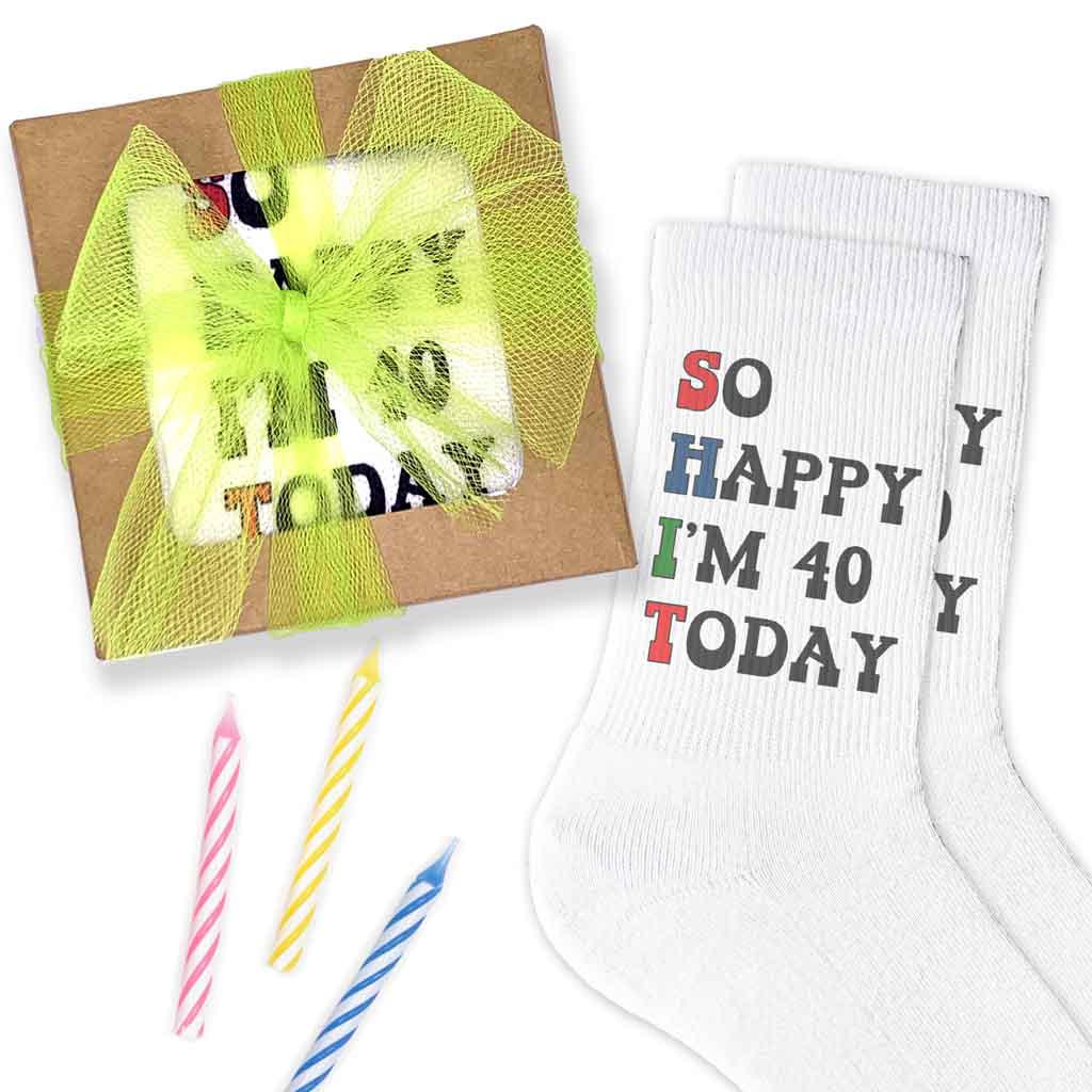 White cotton crew socks custom printed with your age for a fun birthday celebration