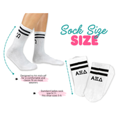 sorority socks size chart displaying sock measurements and corresponding shoe sizes for a comfortable fit. Includes a visual of the socks and sizing details for reference.