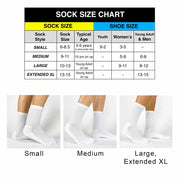 Sock sizing chart for youth, women’s, and men’s white cotton crew socks