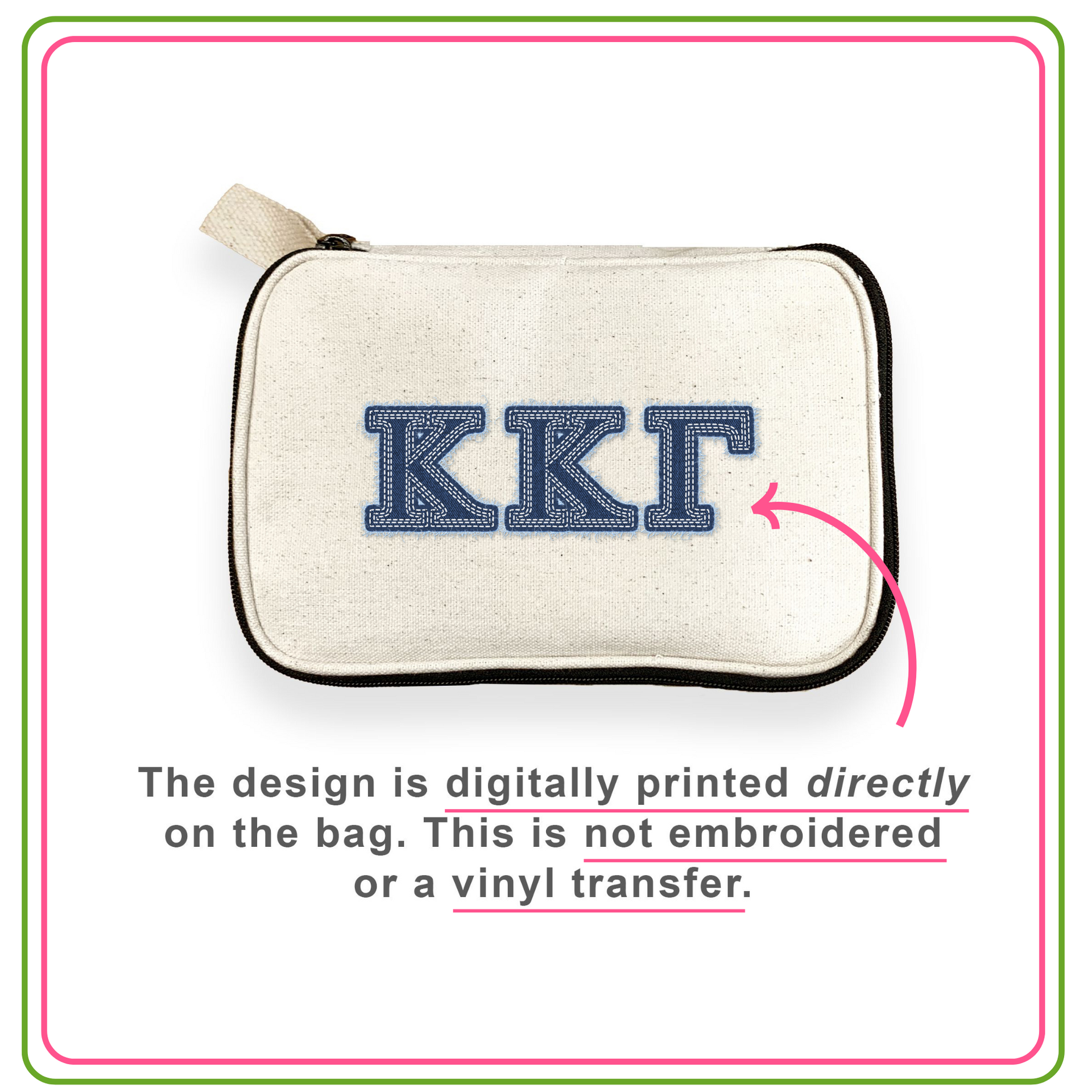 Sorority Cosmetic Bag product features.
