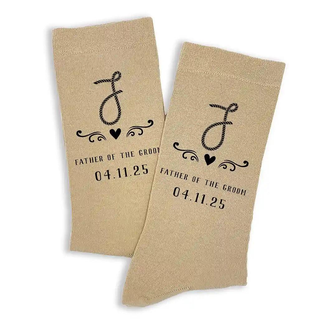 Tan flat knit socks custom printed with a western theme design and personalized with your wedding role and date.