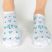 Personalized socks in a gift box set wit a monogram tennis design.