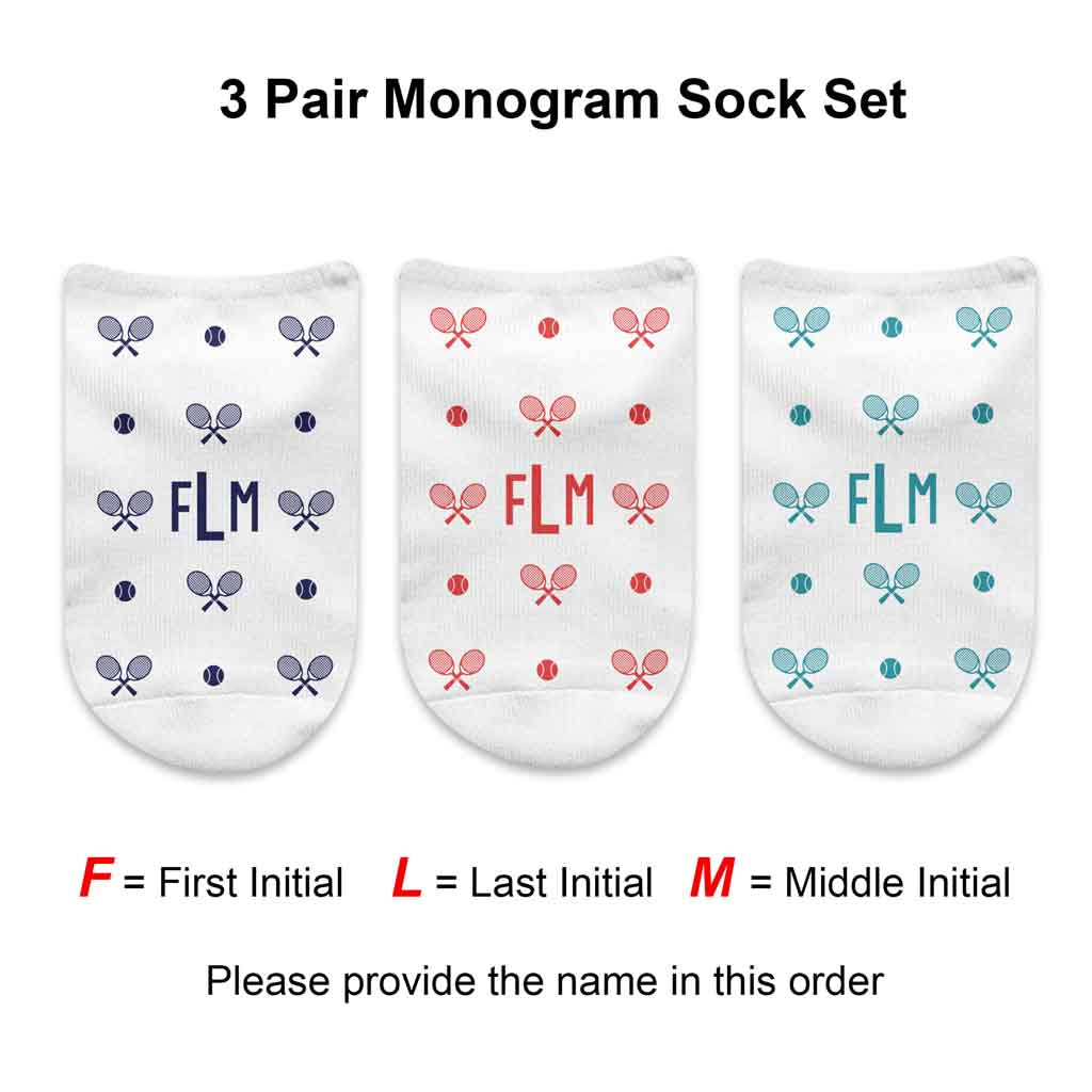 Three pair monogram socks set instructions to send initials.