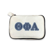 Theta Phi Alpha sorority bag with Theta Phi Alpha letters in denim-style print, against a white background.