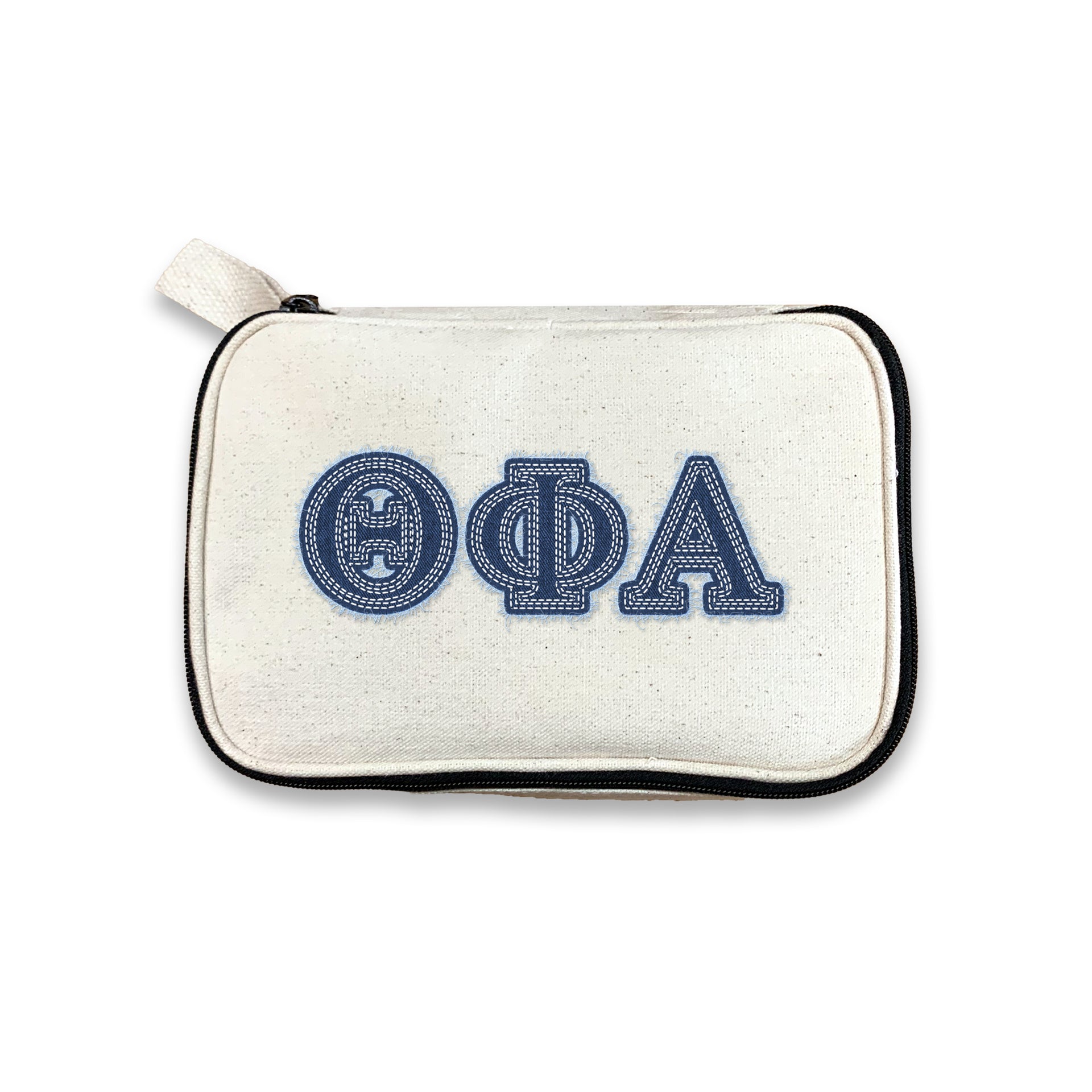 Theta Phi Alpha sorority bag with Theta Phi Alpha letters in denim-style print, against a white background.