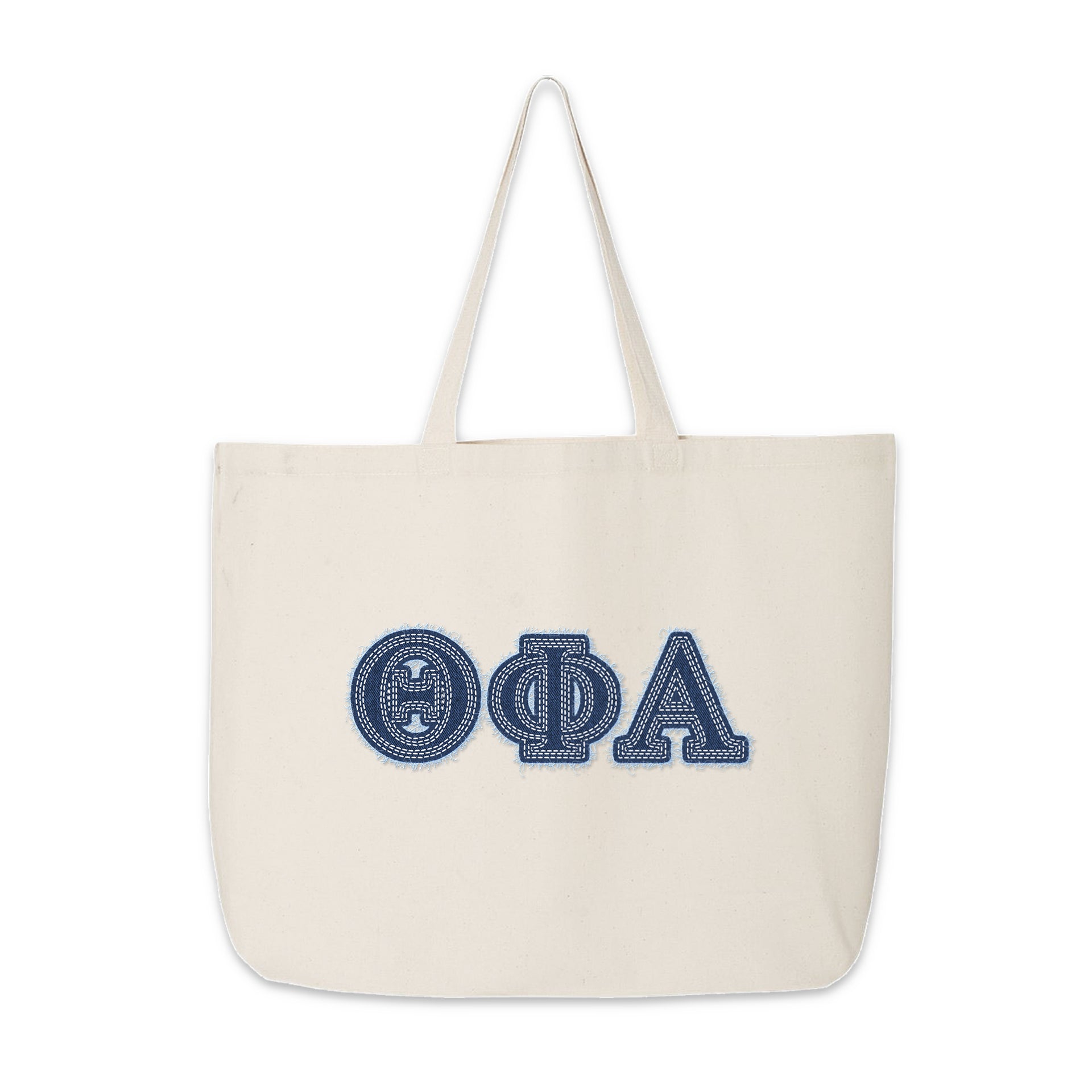 Theta Phi Alpha tote with denim Greek letters shown upright on a plain backdrop.