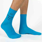Rustic wedding theme design custom printed on flat knit turquoise socks personalized with your wedding date and role.