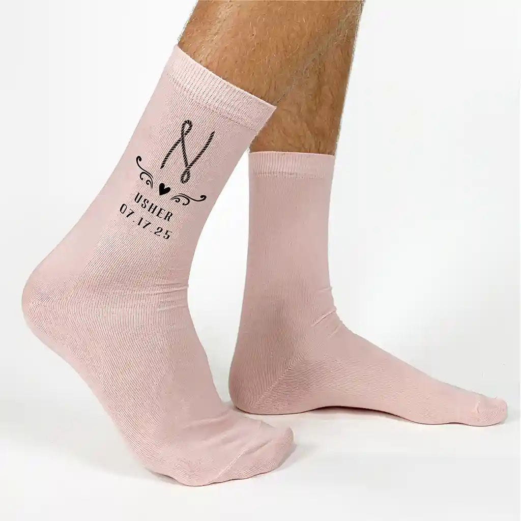 Blush flat knit dress socks custom printed with ranch theme design and personalized with your wedding role and date.