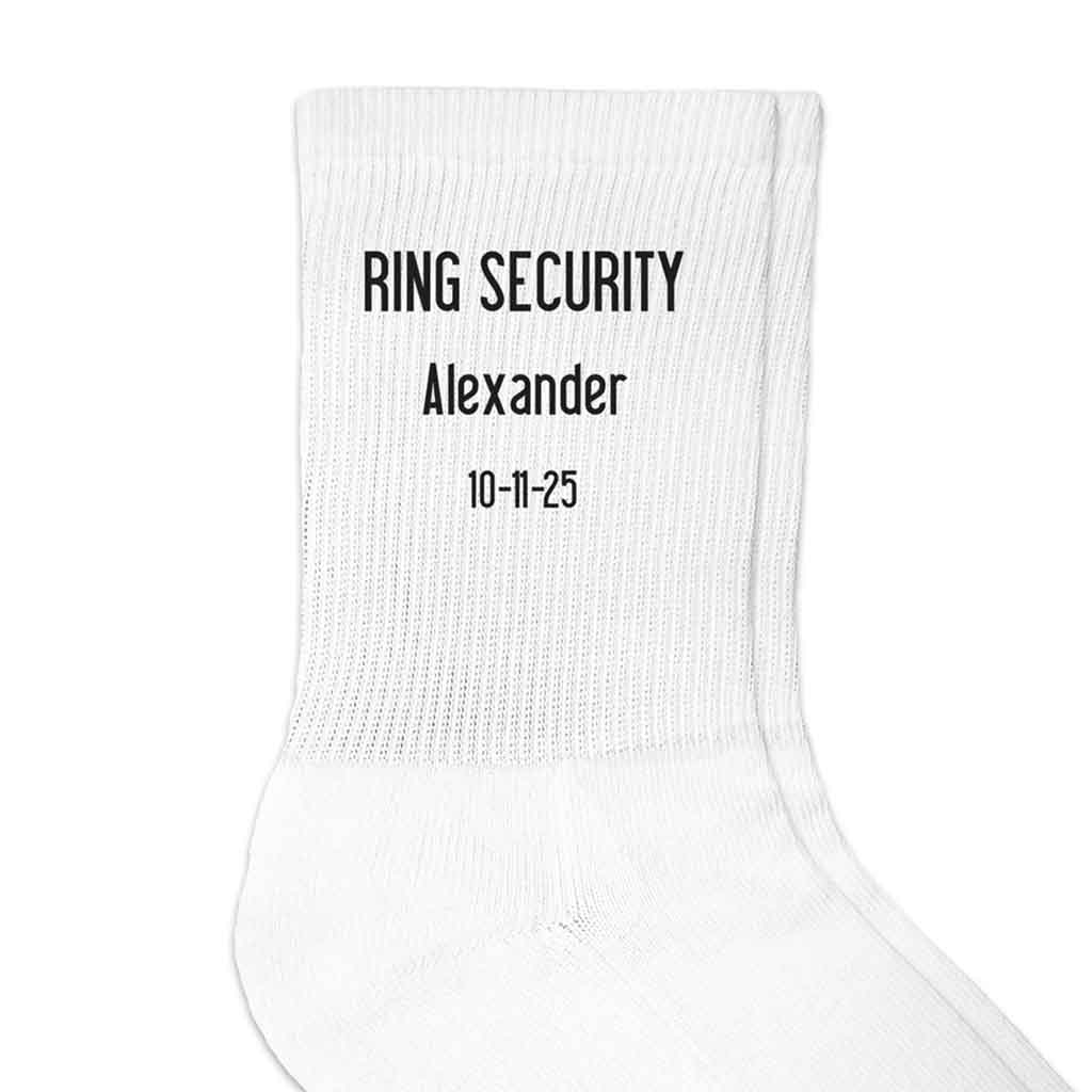 White ribbed crew socks custom printed with ring security design and personalized with your wedding date and name.
