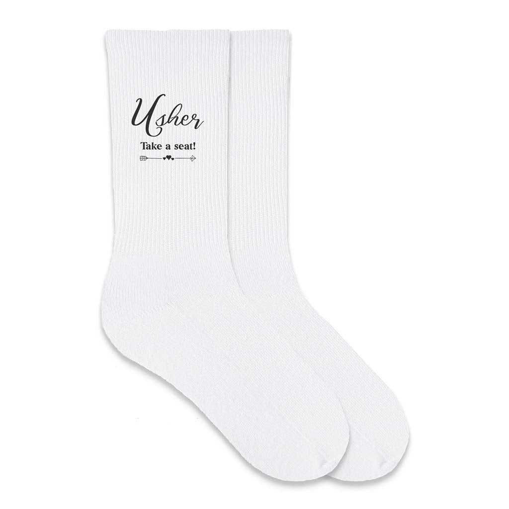 A practical gift idea your wedding party will love these printed wedding party socks with fun saying for the usher, take a seat.