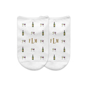 Wine tasting design custom printed with your monogram initials on white cotton no show socks in a gift box set.