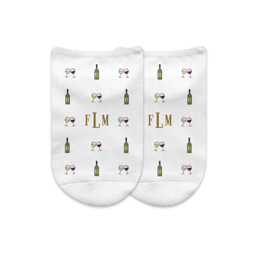 Wine tasting design custom printed with your monogram initials on white cotton no show socks in a gift box set.