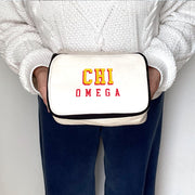 Angled view of Chi Omega 3D Print Sorority Name Cosmetic Make Up Bag showcasing 3D lettering