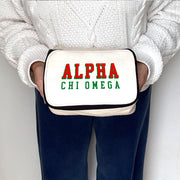 Angled view of Alpha Chi Omega 3D Print Sorority Name Cosmetic Make Up Bag showcasing 3D lettering