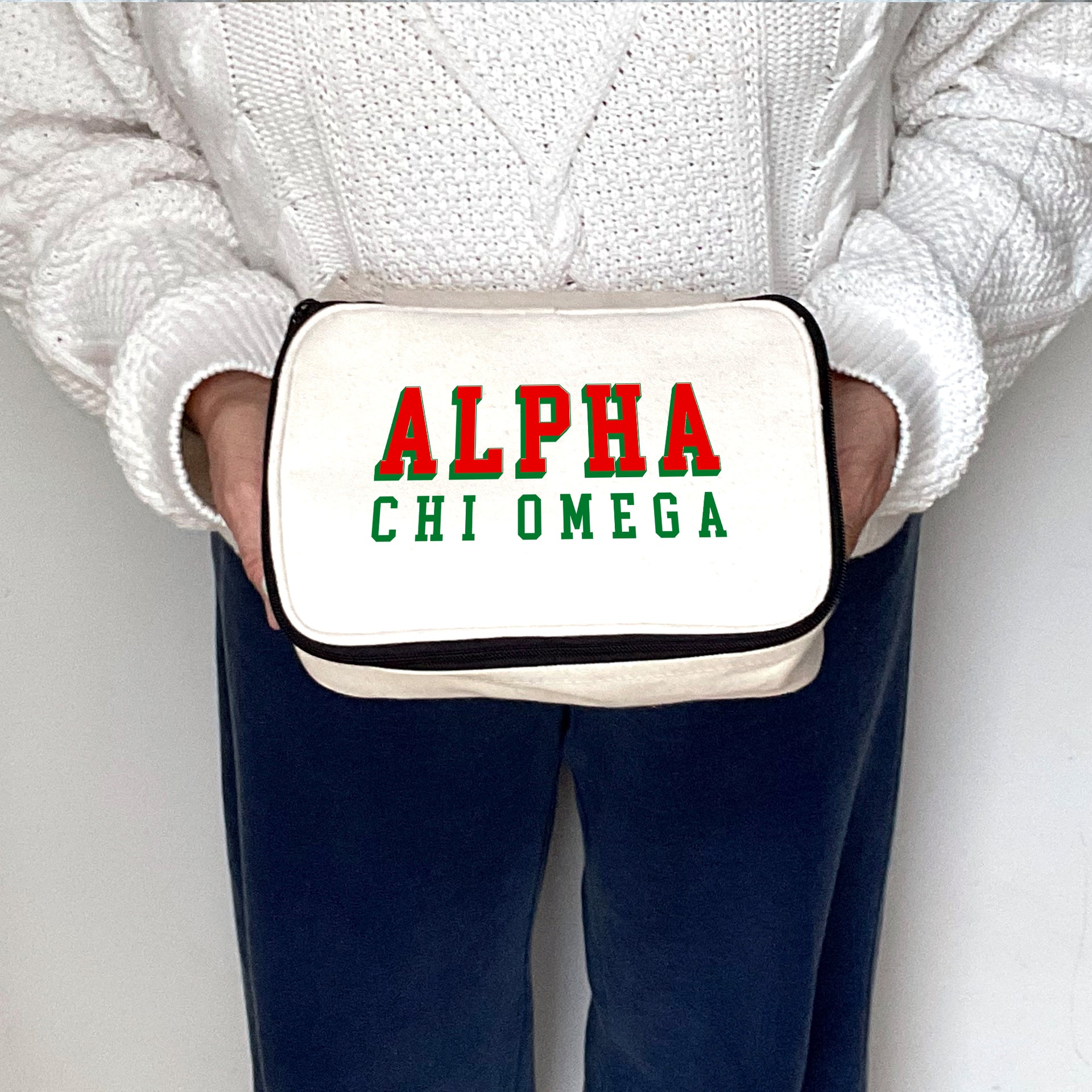 Angled view of Alpha Chi Omega 3D Print Sorority Name Cosmetic Make Up Bag showcasing 3D lettering
