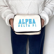 Angled view of Alpha Delta Pi 3D Print Sorority Name Cosmetic Make Up Bag showcasing 3D lettering