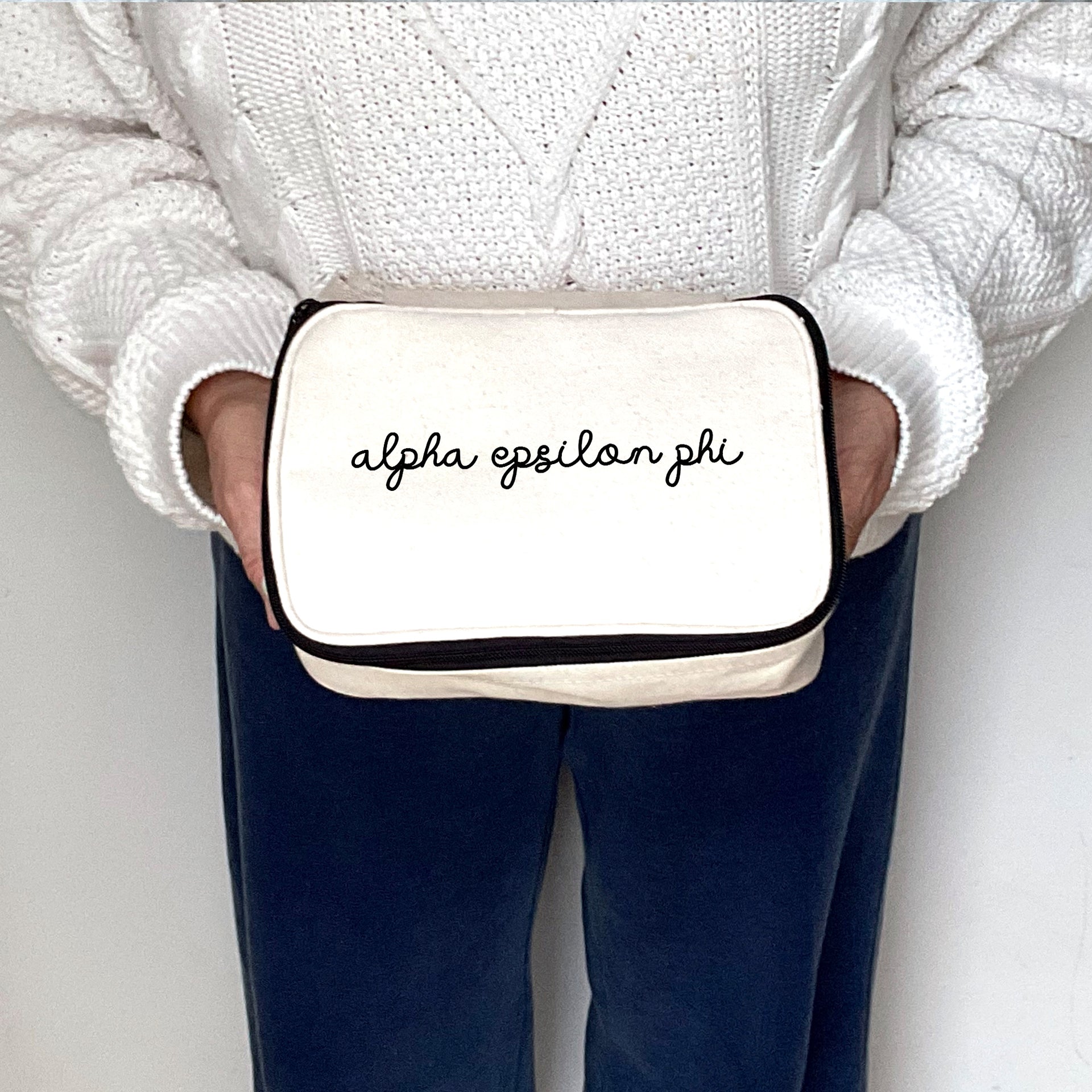 Close-up view of Alpha Epsilon Phi Sorority Script Name Cosmetic Make Up Bag showing details of the design