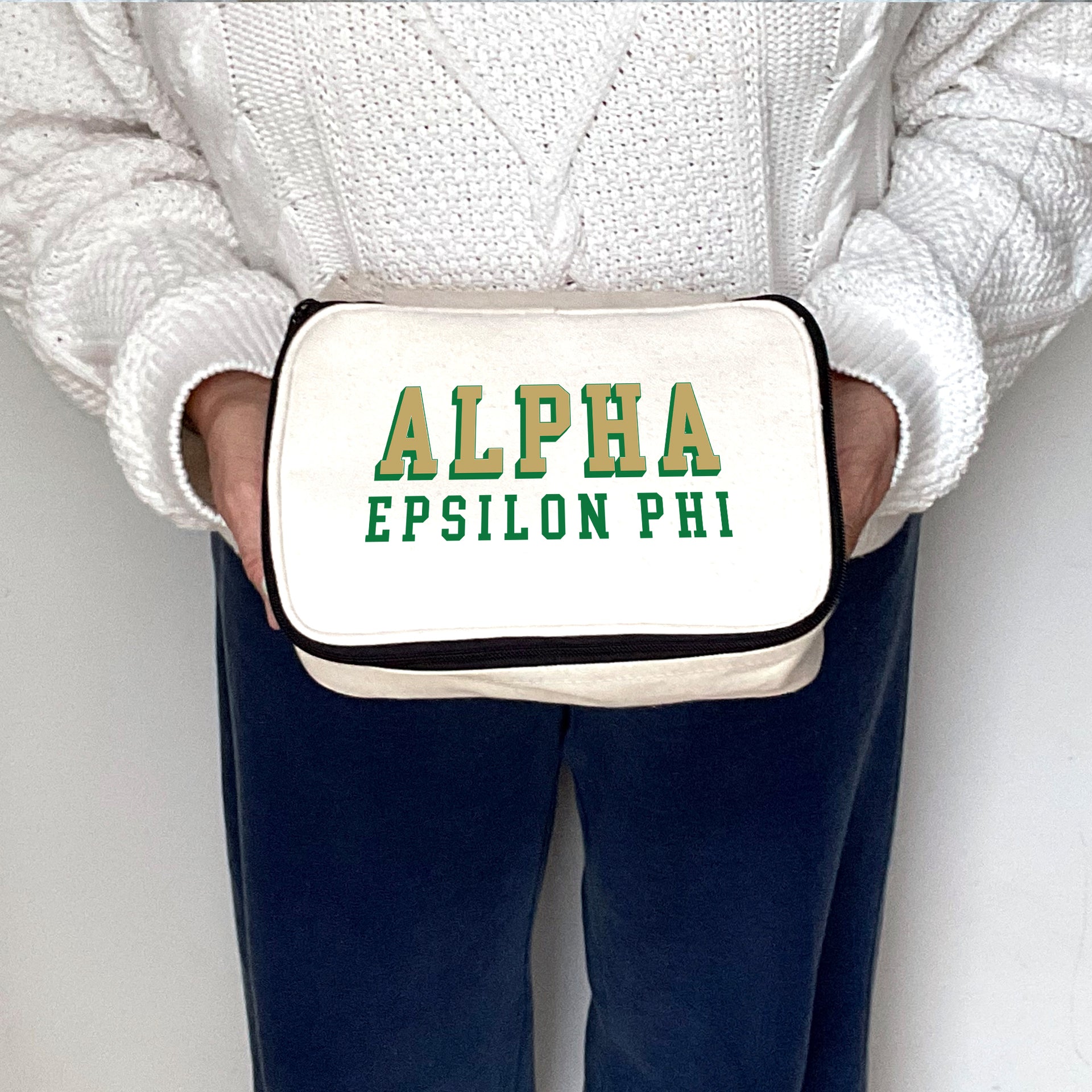 Angled view of Alpha Epsilon Phi 3D Print Sorority Name Cosmetic Make Up Bag showcasing 3D lettering