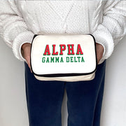 Angled view of Alpha Gamma Delta 3D Print Sorority Name Cosmetic Make Up Bag showcasing 3D lettering