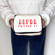 Angled view of Alpha Omicron Pi 3D Print Sorority Name Cosmetic Make Up Bag showcasing 3D lettering
