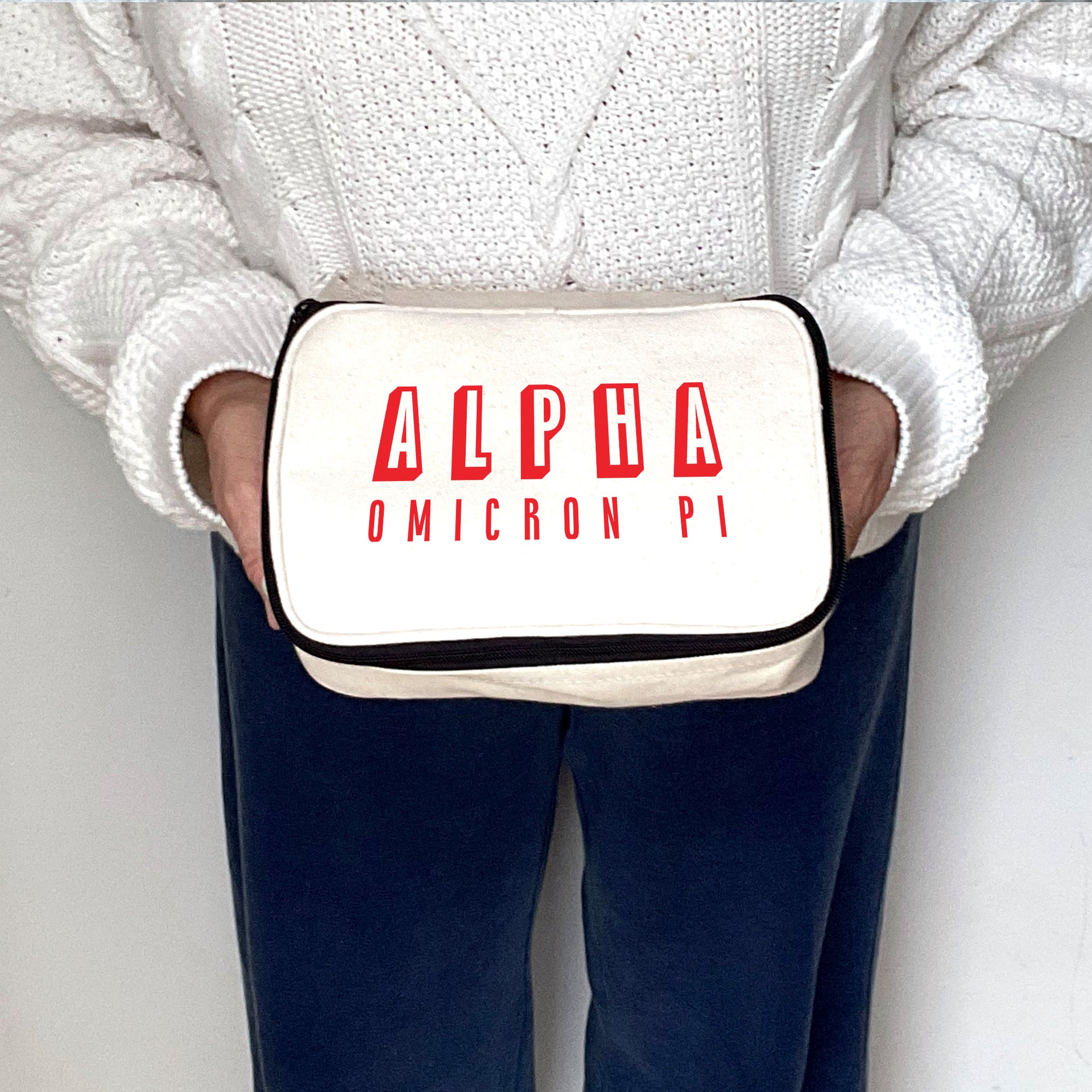 Angled view of Alpha Omicron Pi 3D Print Sorority Name Cosmetic Make Up Bag showcasing 3D lettering