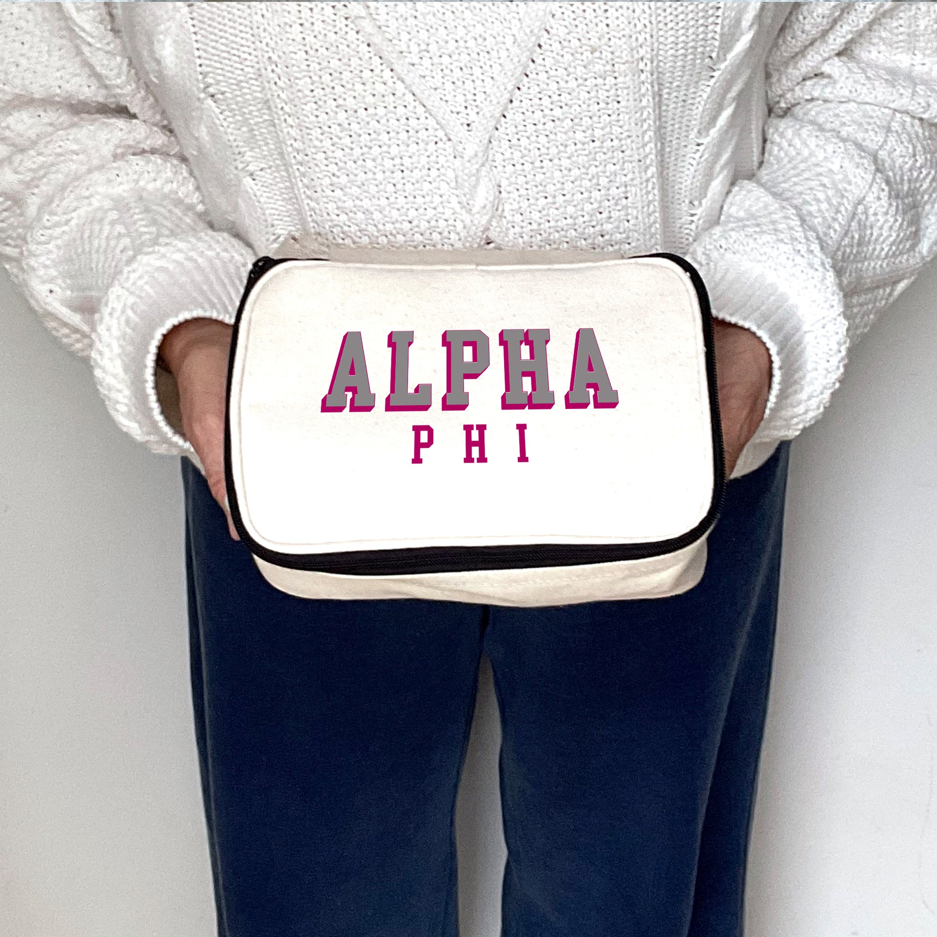 Angled view of Alpha Phi 3D Print Sorority Name Cosmetic Make Up Bag showcasing 3D lettering