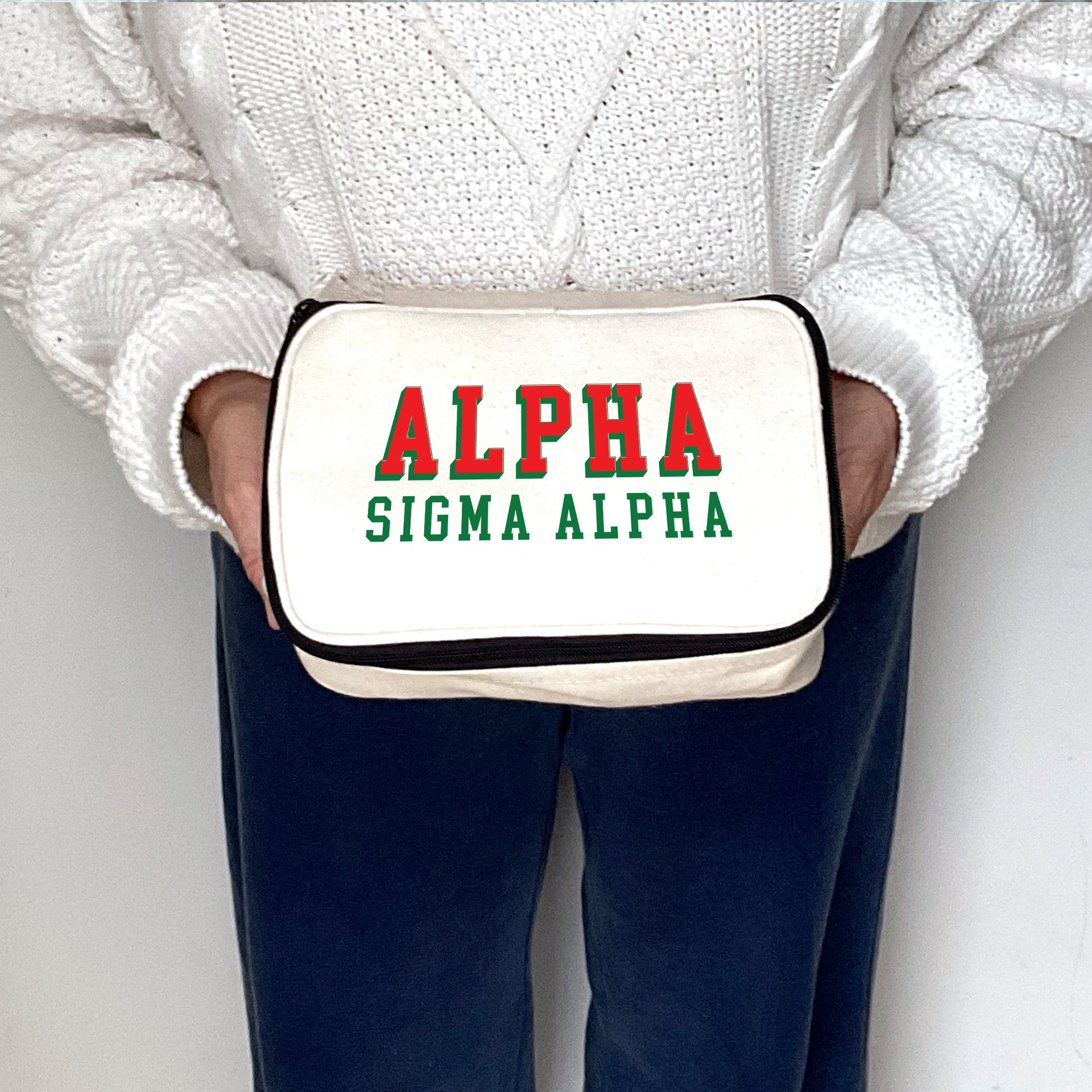 Angled view of Alpha Sigma Alpha 3D Print Sorority Name Cosmetic Make Up Bag showcasing 3D lettering