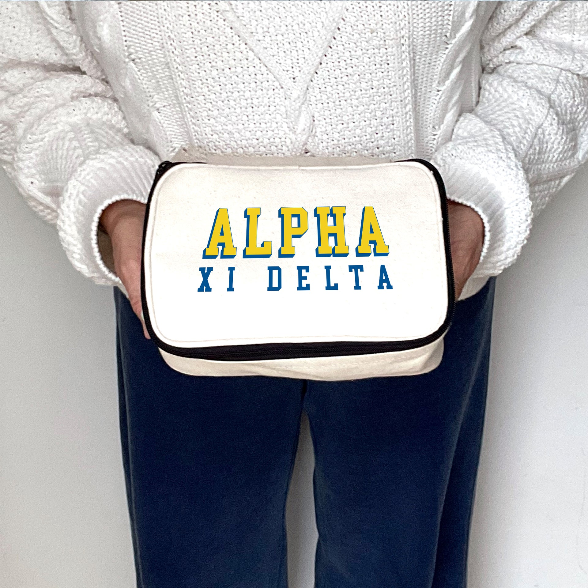 Angled view of Alpha Xi Delta 3D Print Sorority Name Cosmetic Make Up Bag showcasing 3D lettering