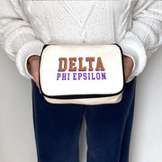 Angled view of Delta Phi Epsilon 3D Print Sorority Name Cosmetic Make Up Bag showcasing 3D lettering