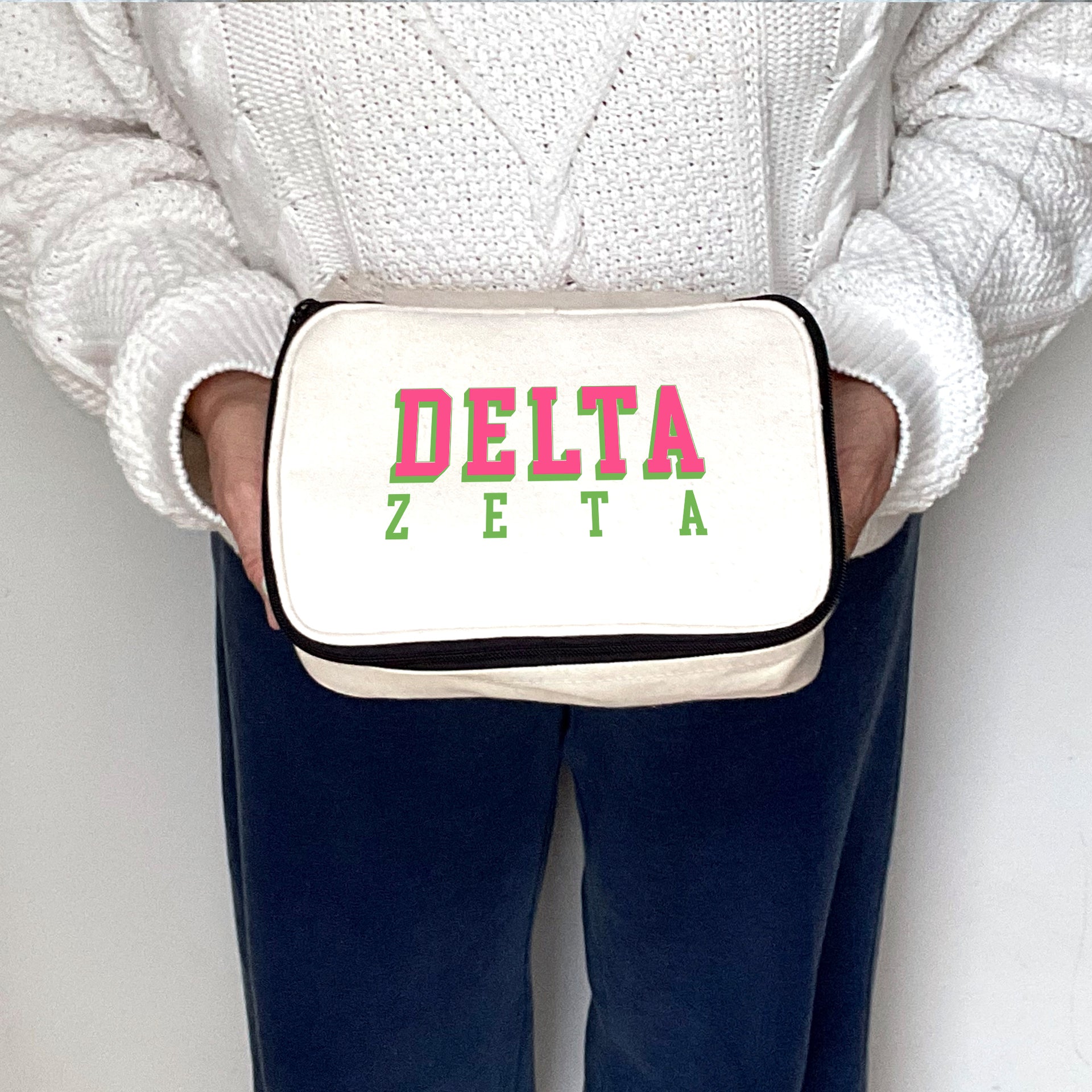 Angled view of Delta Zeta 3D Print Sorority Name Cosmetic Make Up Bag showcasing 3D lettering