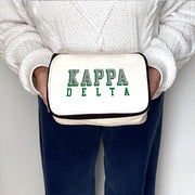 Angled view of Kappa Delta 3D Print Sorority Name Cosmetic Make Up Bag showcasing 3D lettering