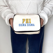 Angled view of Phi Sigma Sigma 3D Print Sorority Name Cosmetic Make Up Bag showcasing 3D lettering