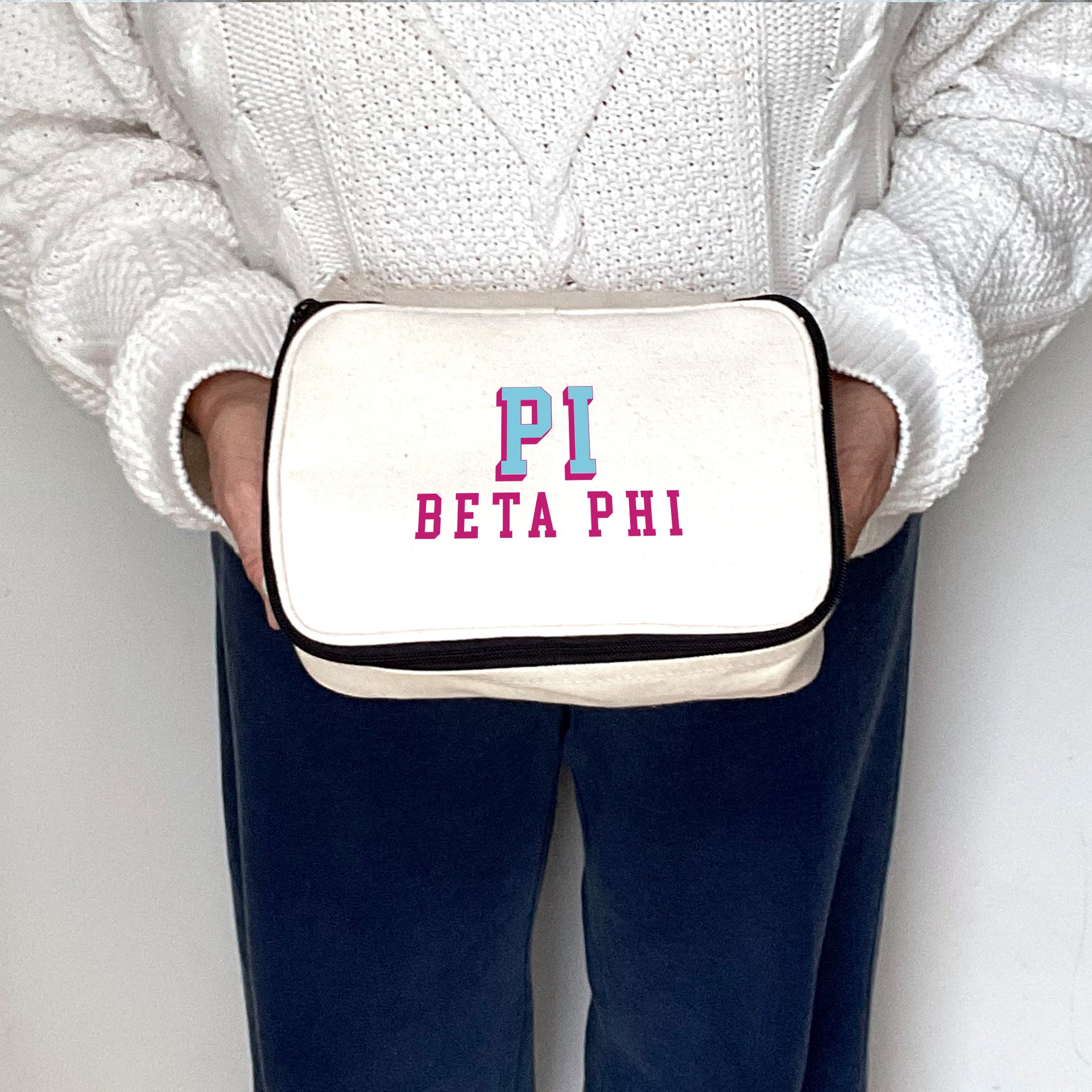 Angled view of Pi Beta Phi 3D Print Sorority Name Cosmetic Make Up Bag showcasing 3D lettering
