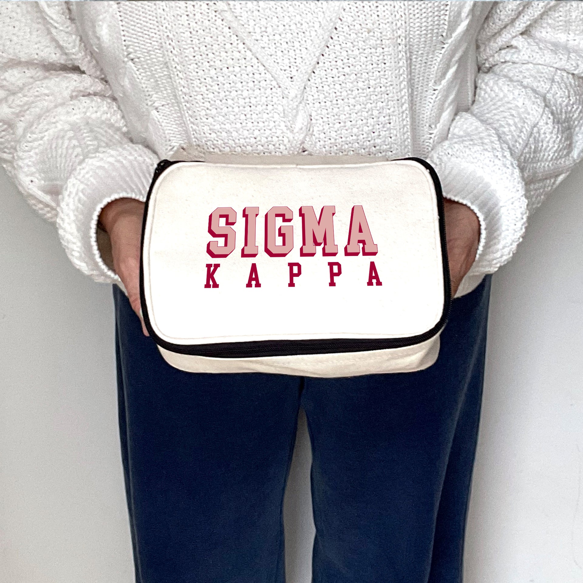 Angled view of Sigma Kappa 3D Print Sorority Name Cosmetic Make Up Bag showcasing 3D lettering